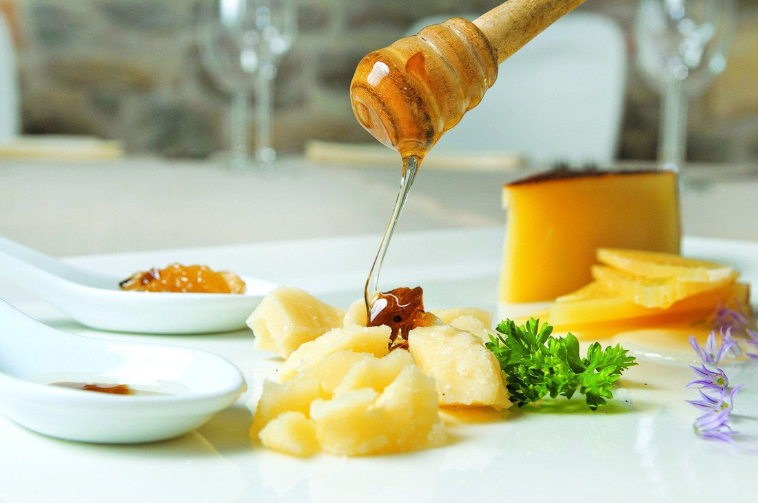 Cheese plate with pear jam & honey with truffles